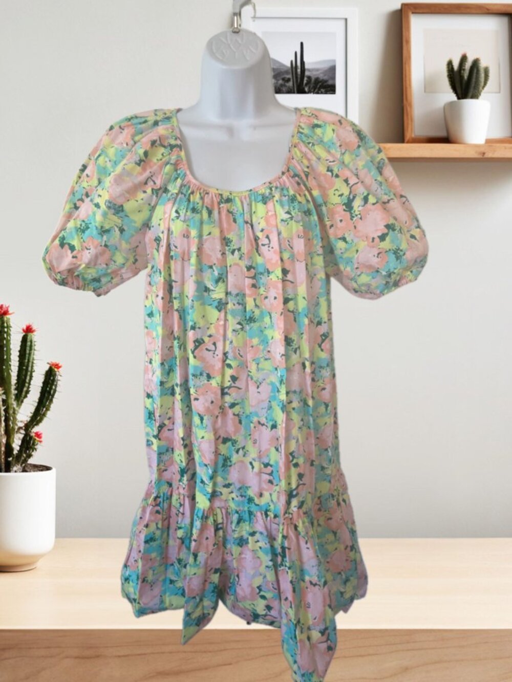 GB Women's Square Neck Floral Puff-Sleeve Midi Dress – Ruffle Hem, Size M